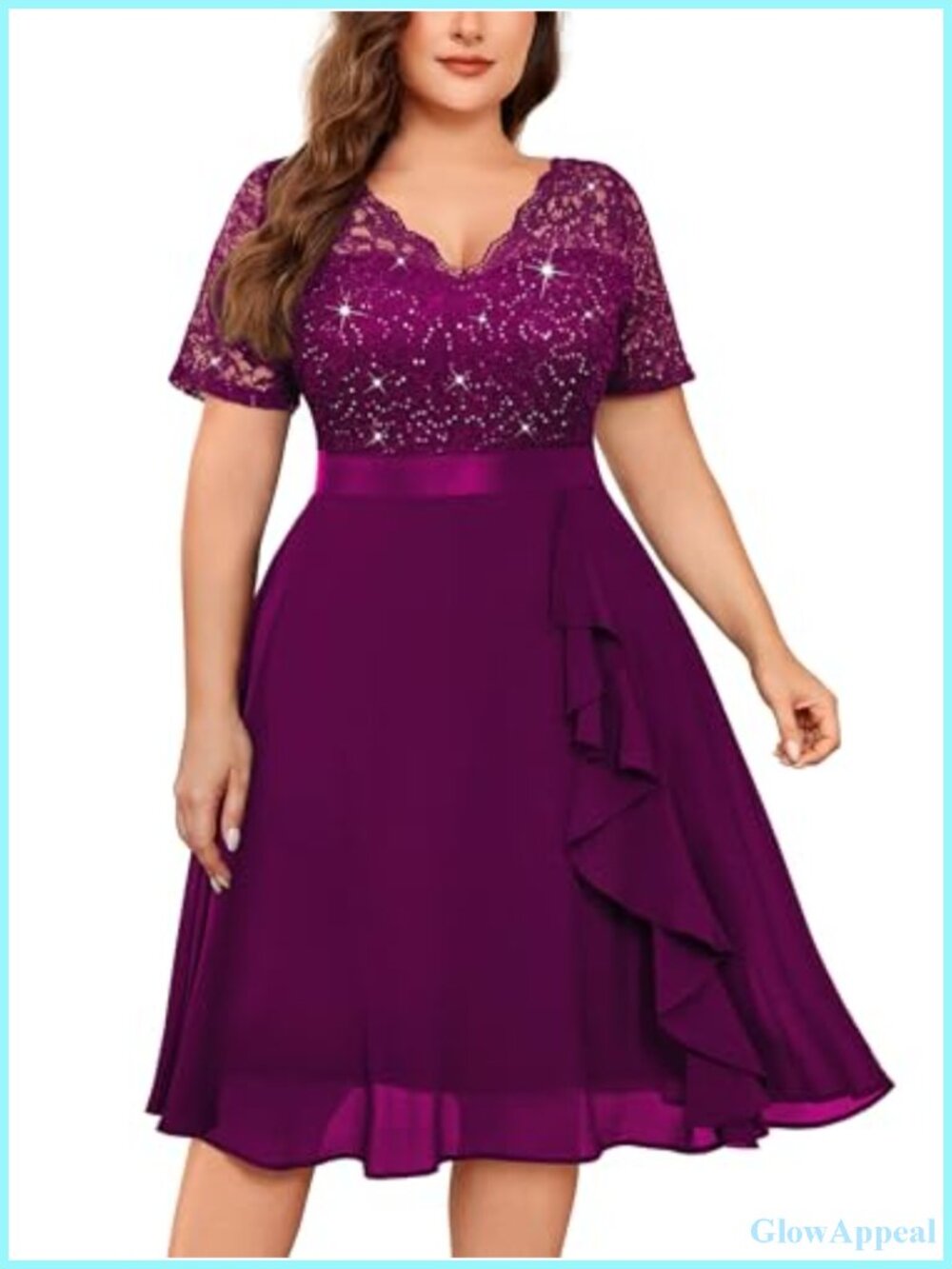 Sequin Lace Ruffle Cocktail Party Dress V-Neck Short Sleeves